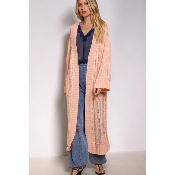 POL Himalayan Pink Mixed Weave Oversized Transitional Knit Long Cardigan - Picture 2 of 6